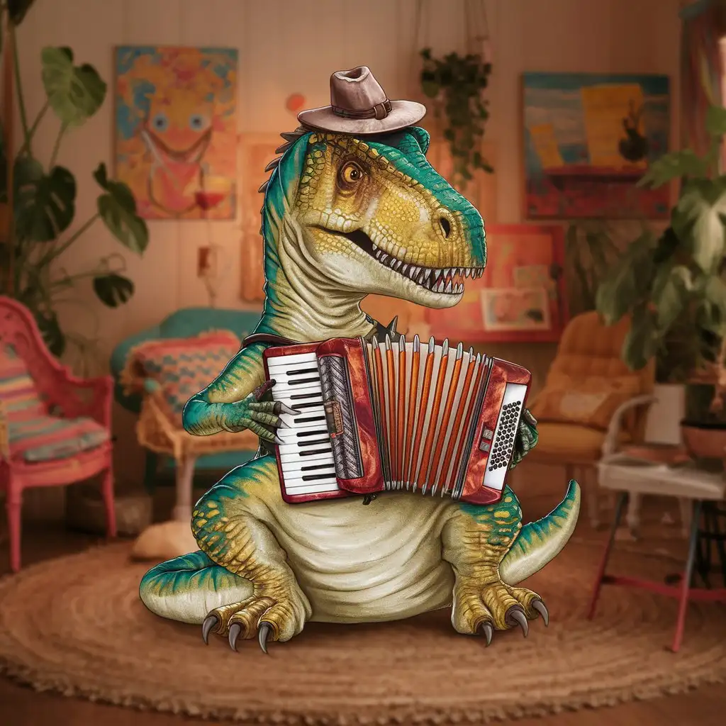 The dinosaur plays the accordion