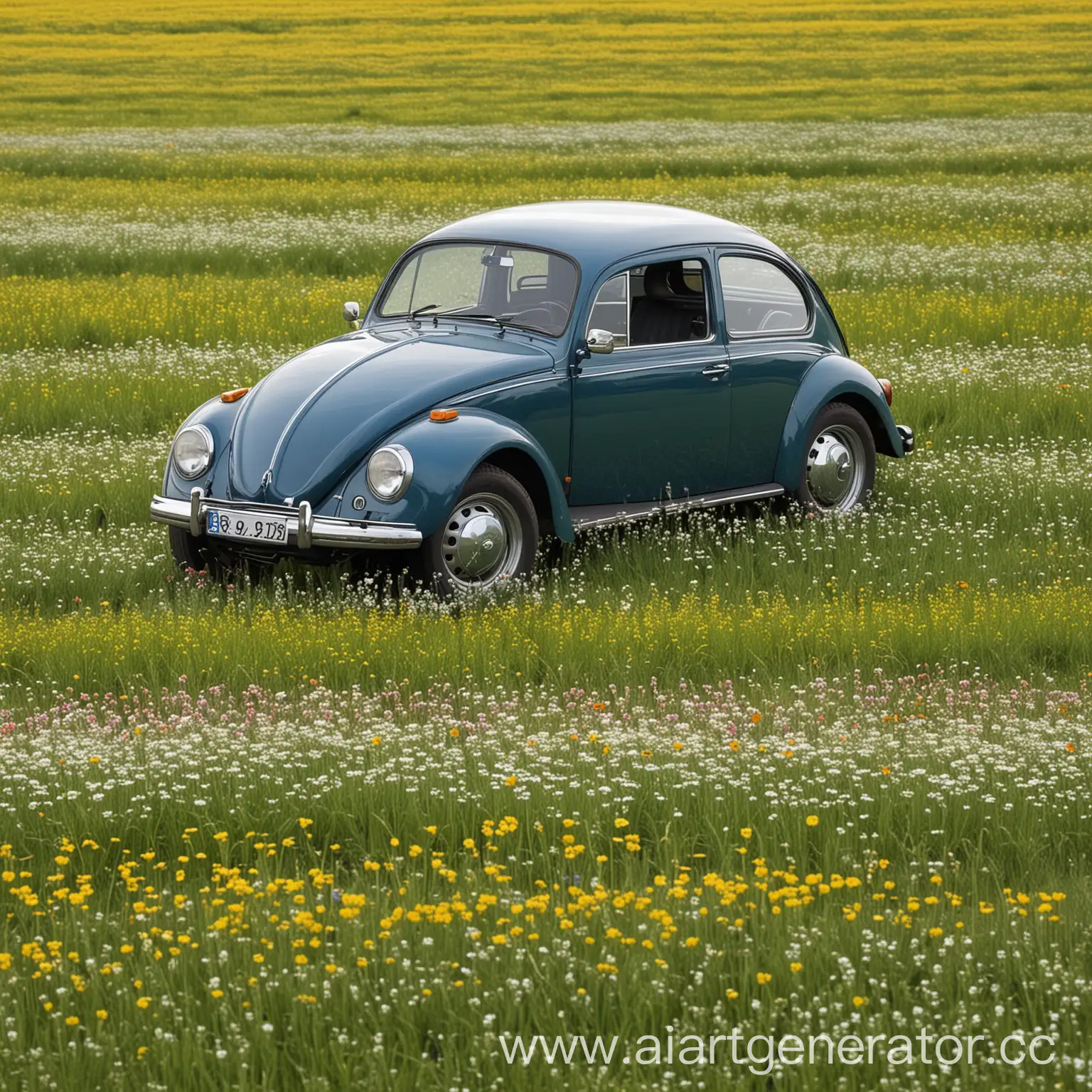 volkswagen beetle in a spring field with flowers