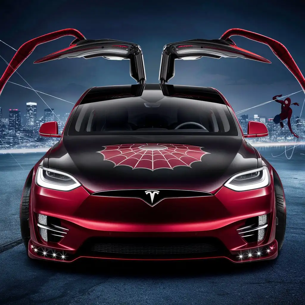 Car tesla in the style of spider-man, photo