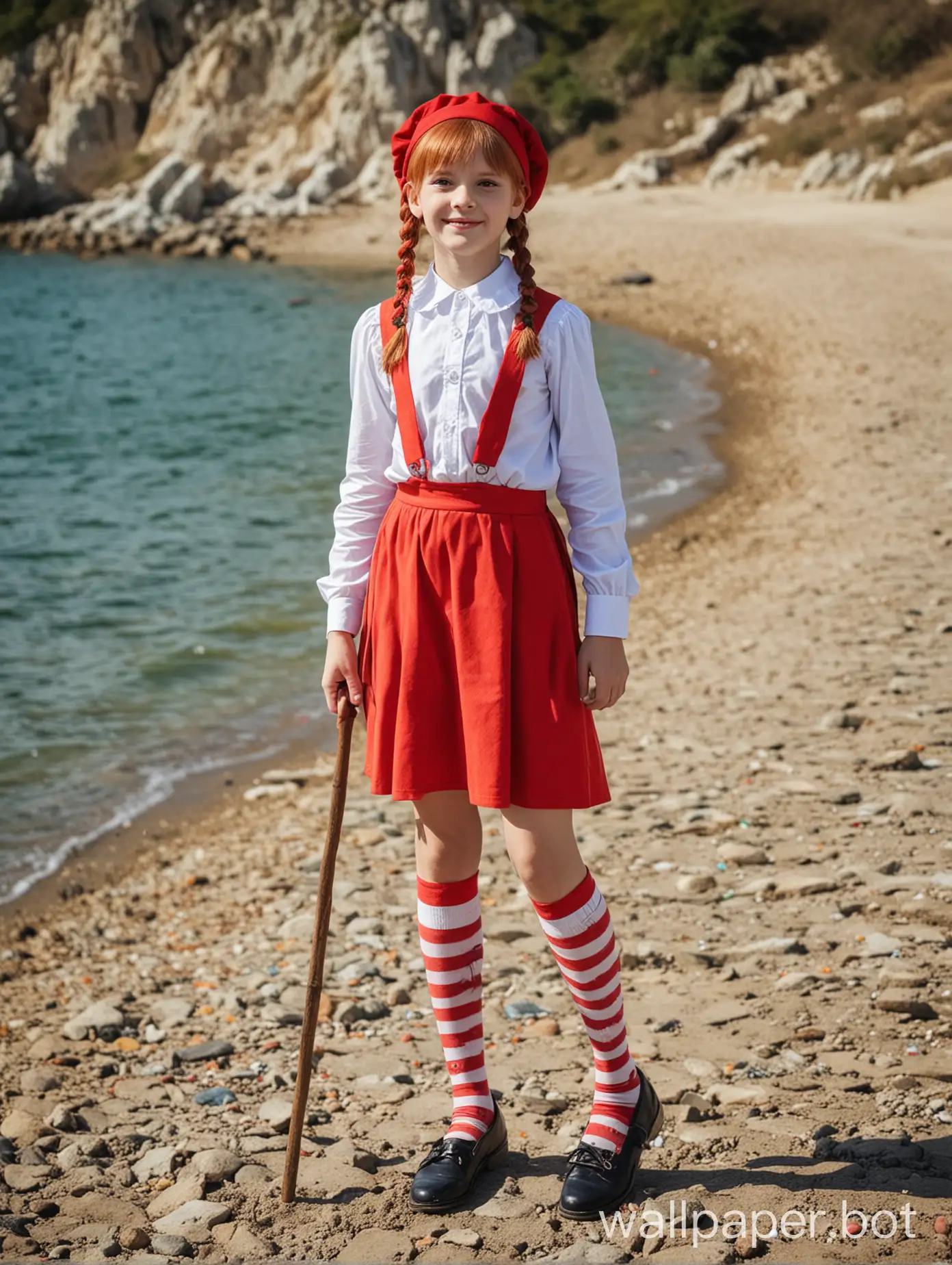 Crimea, sea view, a 10-year-old girl dressed as Pippi with long socks, full-length, cosplay, short skirt