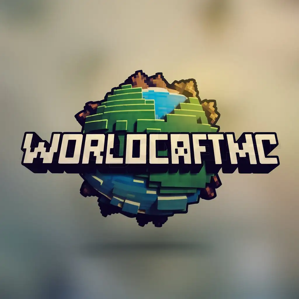 a logo design,with the text "WorldcraftMC", main symbol:Make a blocky earth of minecraft,Moderate,clear background