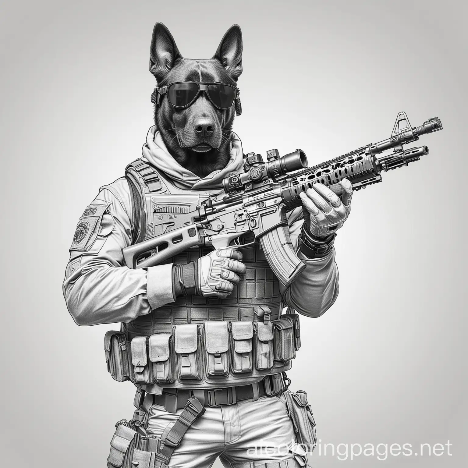 swat dog hold a big gun, Coloring Page, black and white, line art, white background, Simplicity, Ample White Space. The background of the coloring page is plain white to make it easy for young children to color within the lines. The outlines of all the subjects are easy to distinguish, making it simple for kids to color without too much difficulty