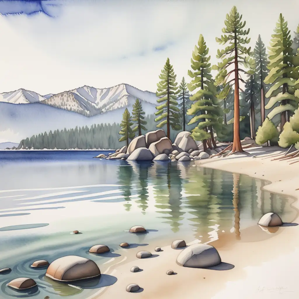 an water color painting of a calming lake tahoe beach with pine trees and mountains