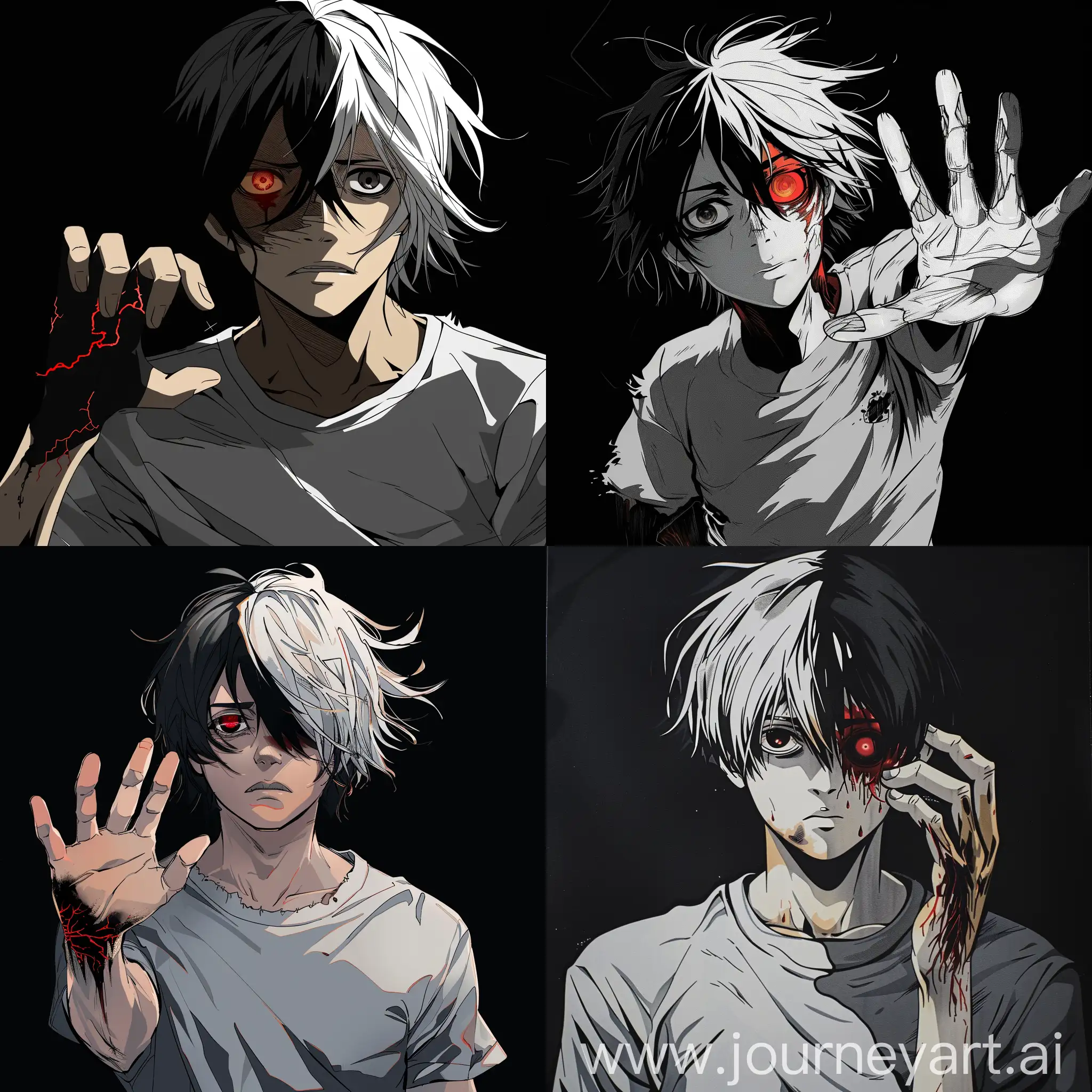 Anime-Style-Portrait-of-Man-with-DualColored-Eyes-and-Unique-Hand-in-Grey-TShirt