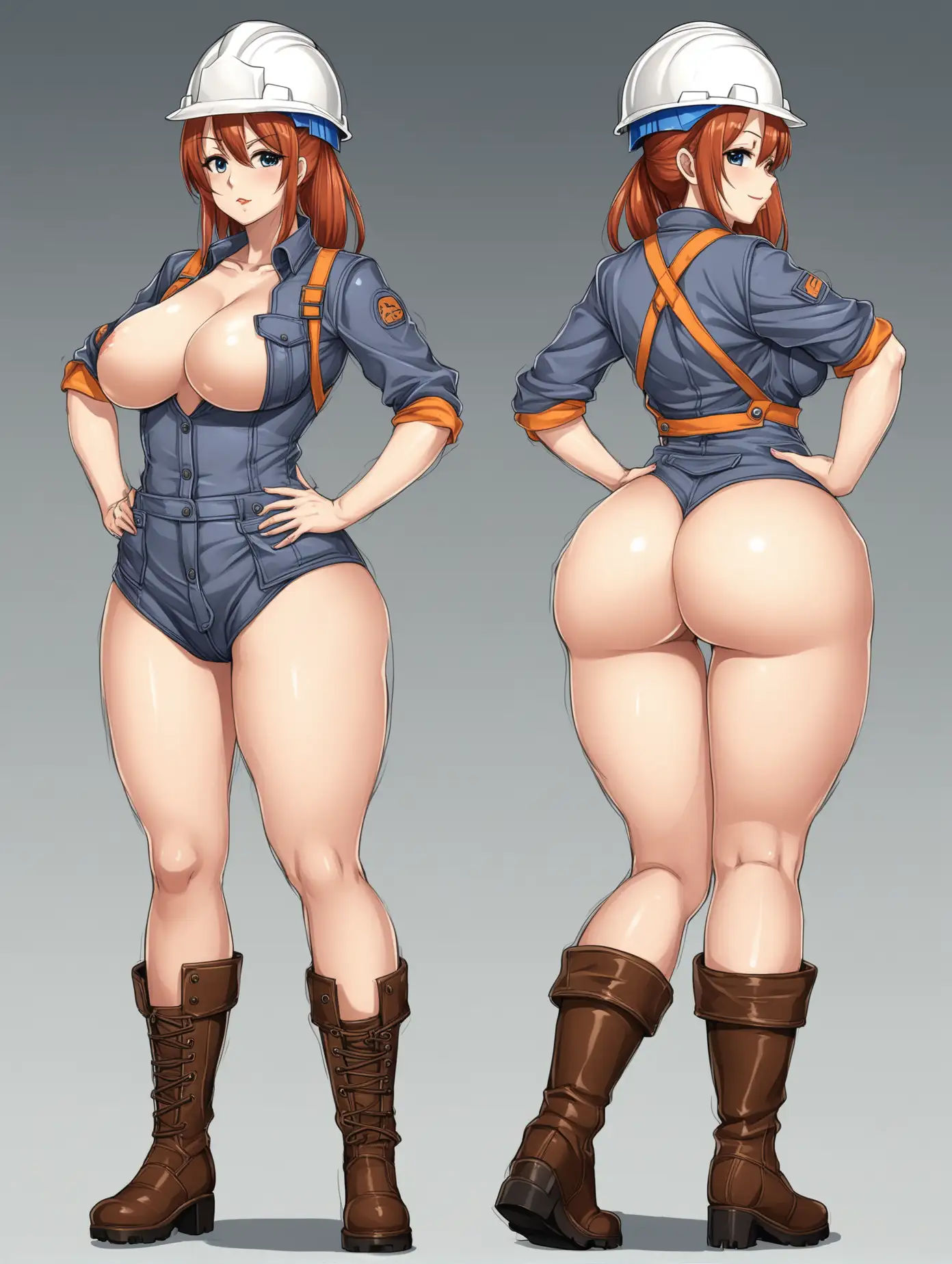 Sensual picture of a hot anime girl, age 30, builder outfit, big ass, wearing boots, 2 poses, full body