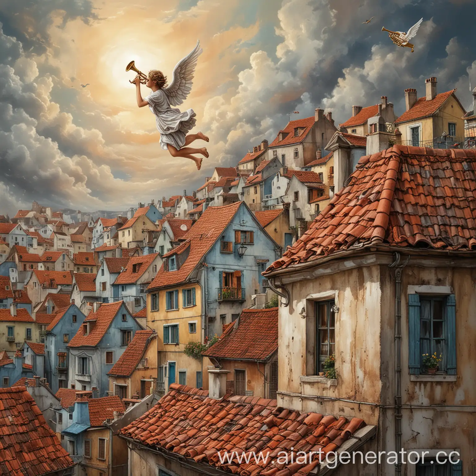 RoofTop-Angel-Playing-Trumpet-Over-Colorful-Street-Houses