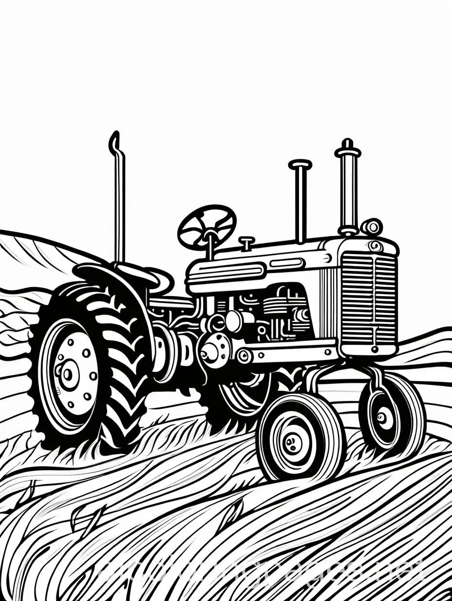 old tractor, coloring page, normal, thin lines, ample white space, Coloring Page, black and white, line art, white background, Simplicity, Ample White Space. The background of the coloring page is plain white to make it easy for young children to color within the lines. The outlines of all the subjects are easy to distinguish, making it simple for kids to color without too much difficulty