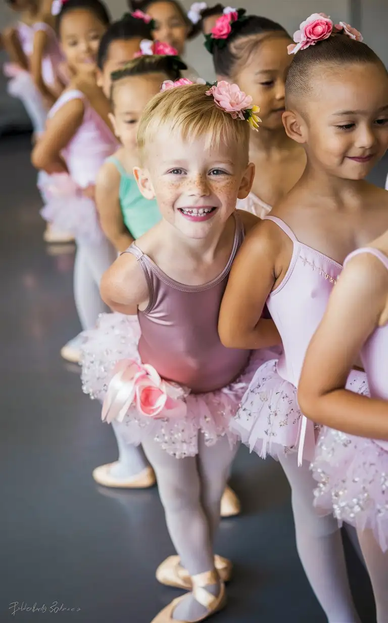 Gender role-reversal, high-angle Photograph of a a cute little 7-year-old blonde boy with freckles and dimples and short smart strawberry blonde hair shaved short on the sides, he is standing in a ballet class in a line of girls and he is enjoying being in a satin pink leotard and frilly net tutu dress with ribbon slippers,  flowers woven into his hair, smiling up at the camera, adorable, perfect children faces, perfect faces, clear faces, perfect eyes, perfect noses, smooth skin, full-body photograph