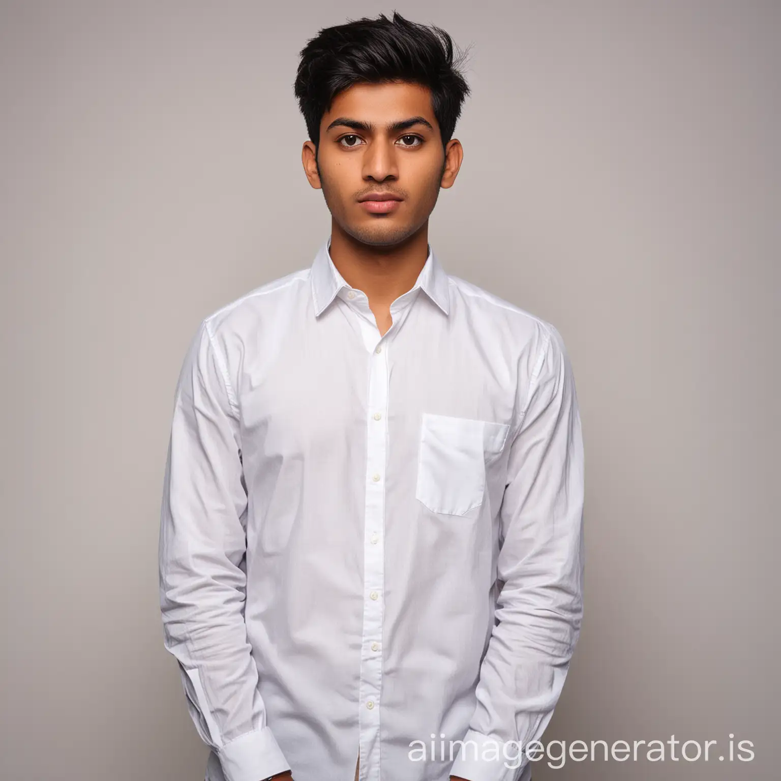 Handsome south Asian man, wearing white long sleeve shirt, posing for a passport photo.  Head straight looking at the camera. Serious face and 20 years old.