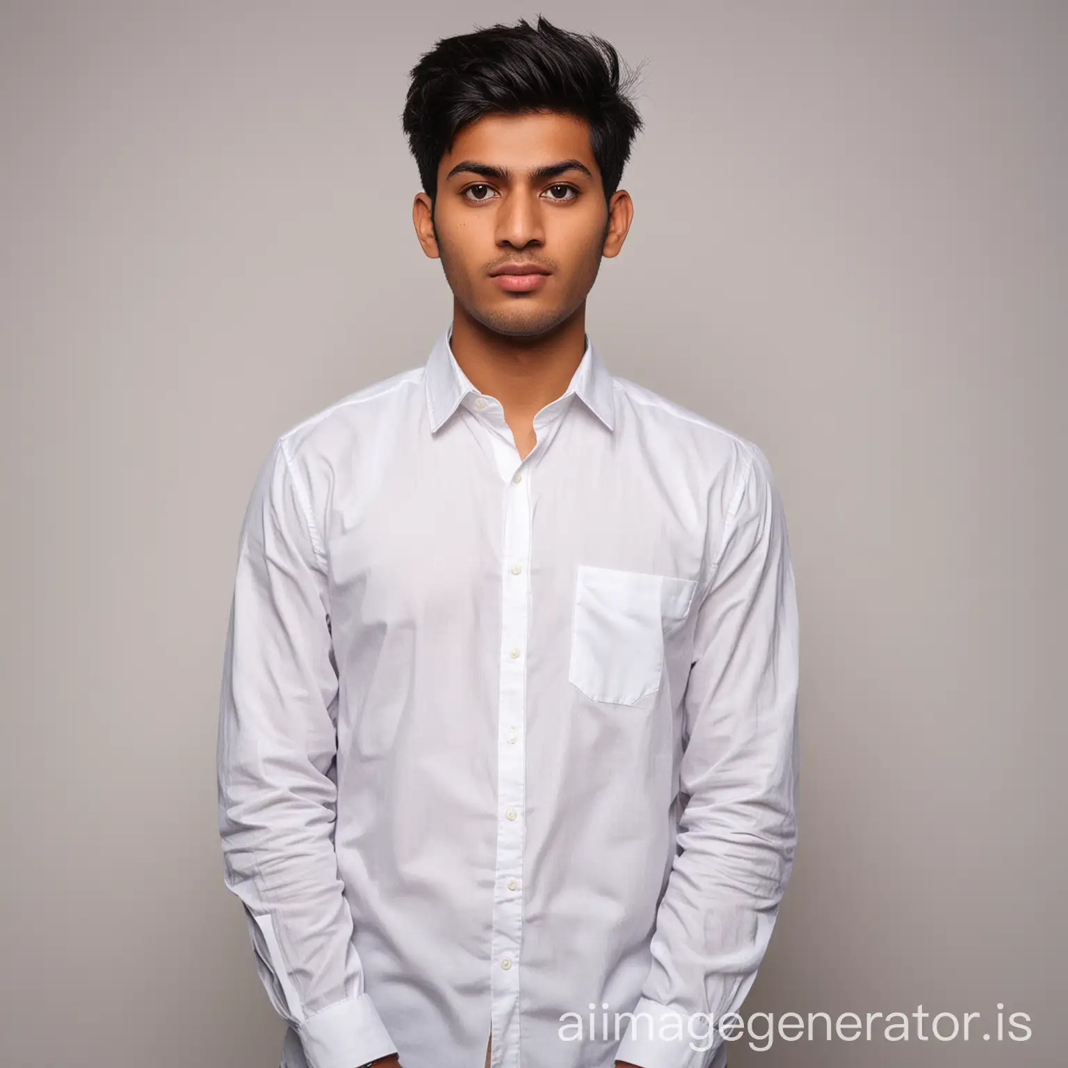 Handsome south Asian man, wearing white long sleeve shirt, posing for a passport photo. Head straight looking at the camera. Serious face and 20 years old.