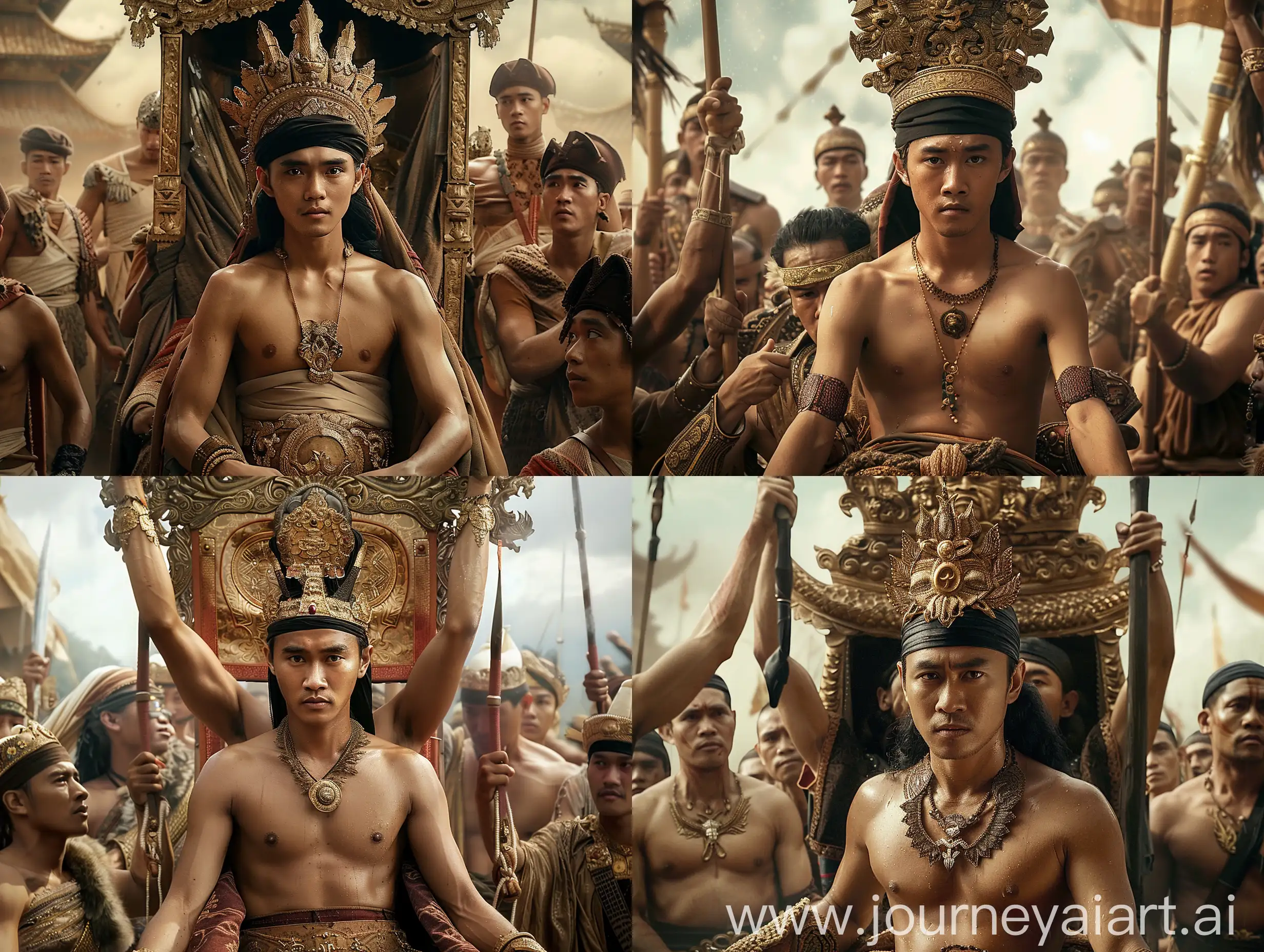 Cinematic movie, Indonesian kingdom of Pajajaran, Dyah pitaloka, 30 years old, sitting in a Palanquin royal palanquin being lifted by his troops, his troops, dressed in war clothes, without a shirt, wearing a black cloth headband,,super realistic, nice detail, --v 6 --ar 16:9