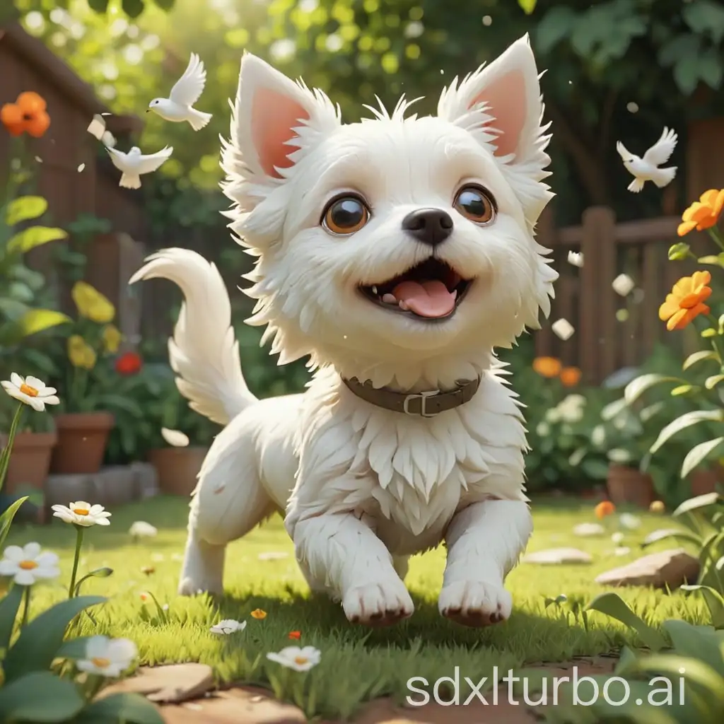 a cute little white dog is playing in the garden, a bird flies by in 3D cartoon Pixel style 16:9