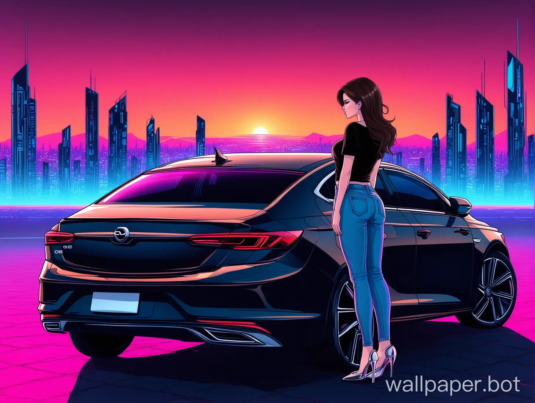 Futuristic-City-Sunset-Stylish-Woman-by-Grey-Opel-Insignia-GrandSport