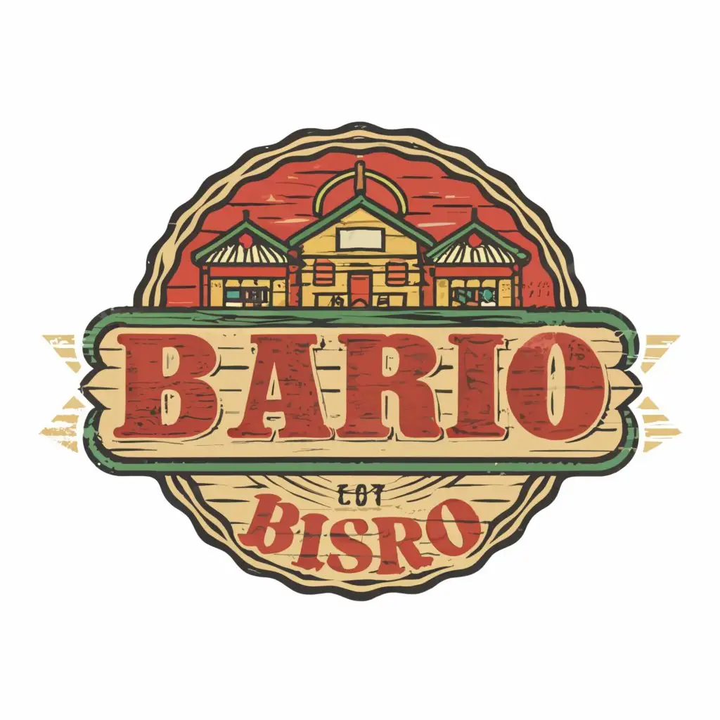 a logo design,with the text "Barrio Bistro", main symbol:For "Barrio Bistro," you could create a logo featuring a rustic wooden sign with the name painted in lively colors, surrounded by illustrations of traditional Filipino houses (bahay kubo) and maybe a backdrop of rice fields or coconut trees.,Moderate,be used in Restaurant industry,clear background
