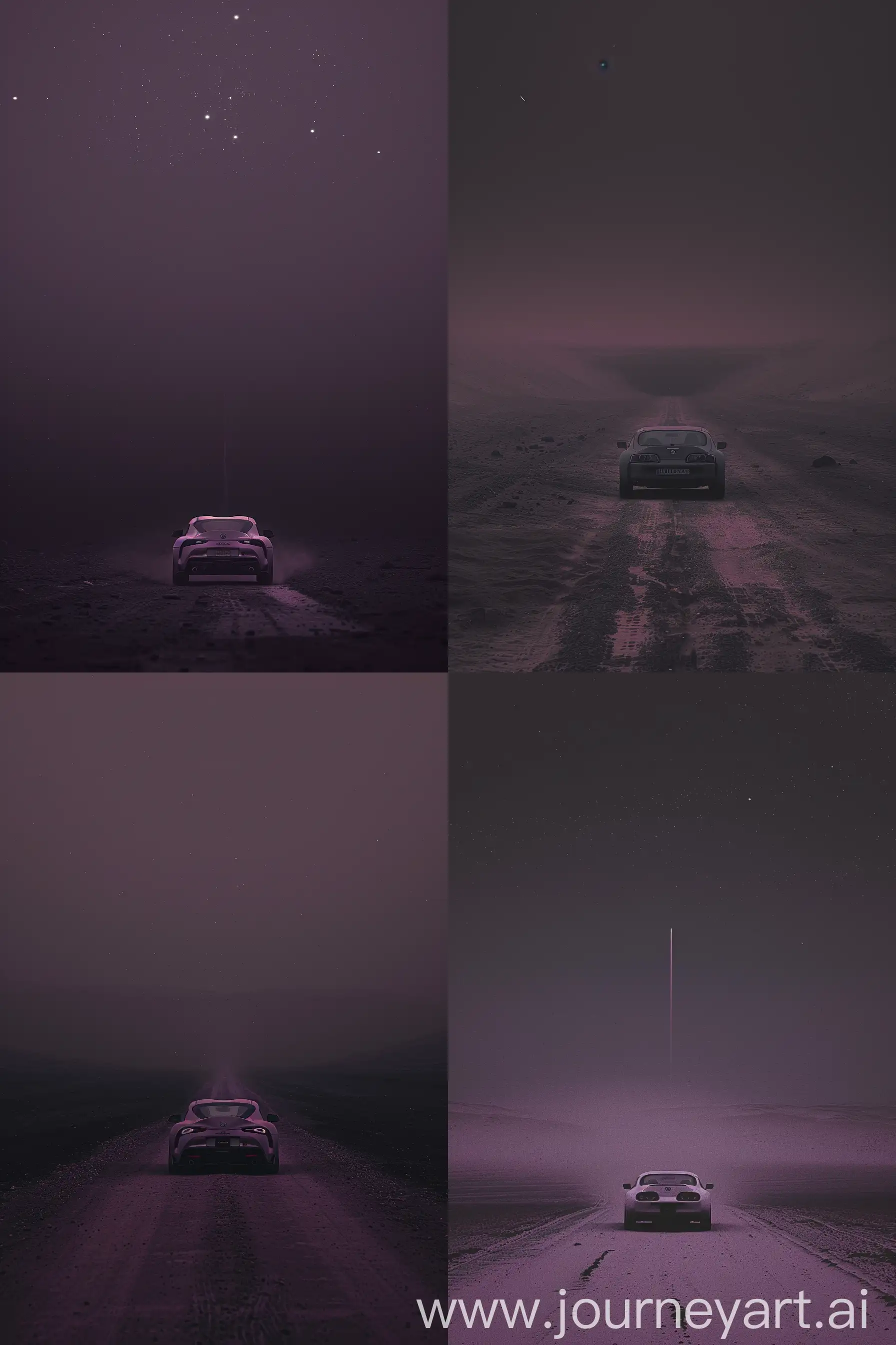 A very long shot of a Supra planted in the desert in a purple-grayish color, Monochrome, And the car is heading to a terrifying cave that is very huge dark and dark, the background is black, Soft, like a dream, delusion, foggy, a sense of calm and terror, unsaturated, Unreal, meteors fall very very far away --ar 2:3 --s 250 --v 6 --sref 3924083291 --p 31dy1jl --sw 10 --no Living organisms, Characters, humans, Statues, dolls, birds, animals, insects