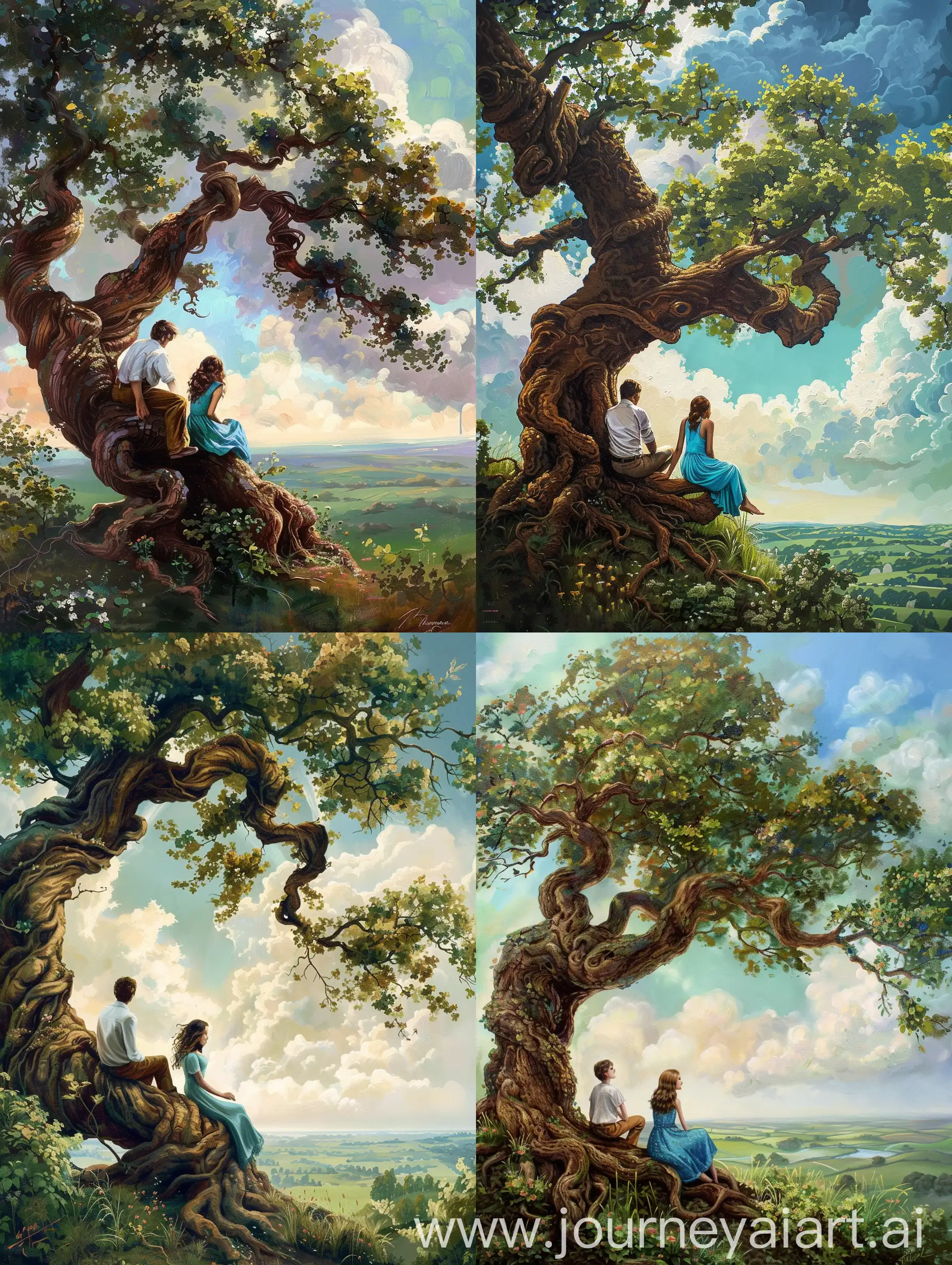 Abstraction,realism painting style,vibrant, flowers,grasses, featuring a massive, gnarled tree with a curving trunk on the left side, extending into branches that frame the top of the image. The tree is rich in detail, with lush green leaves and textured bark. Two people are sitting on the tree's roots, which twist and coil like a bench. The person on the left faces away, wearing a white shirt and brown pants; the one on the right sits in profile, in a blue dress, both depicted in natural, relaxed poses.The background is a vivid sky filled with fluffy, dynamic clouds ranging from brilliant white to soft gray, implying depth and dimensionality. Below the tree, a distant landscape of rolling green hills fades into the horizon beneath the expansive sky.The color palette is vibrant, emphasizing greens of the tree, blues of the sky and dress, and the earth tones of the attire and the tree. The style melds realism with a touch of fantasy, invoking a sense of wonder and tranquility. Light filters through the foliage, casting dappled sunlight on the figures and roots, enhancing the image’s depth and atmosphere.