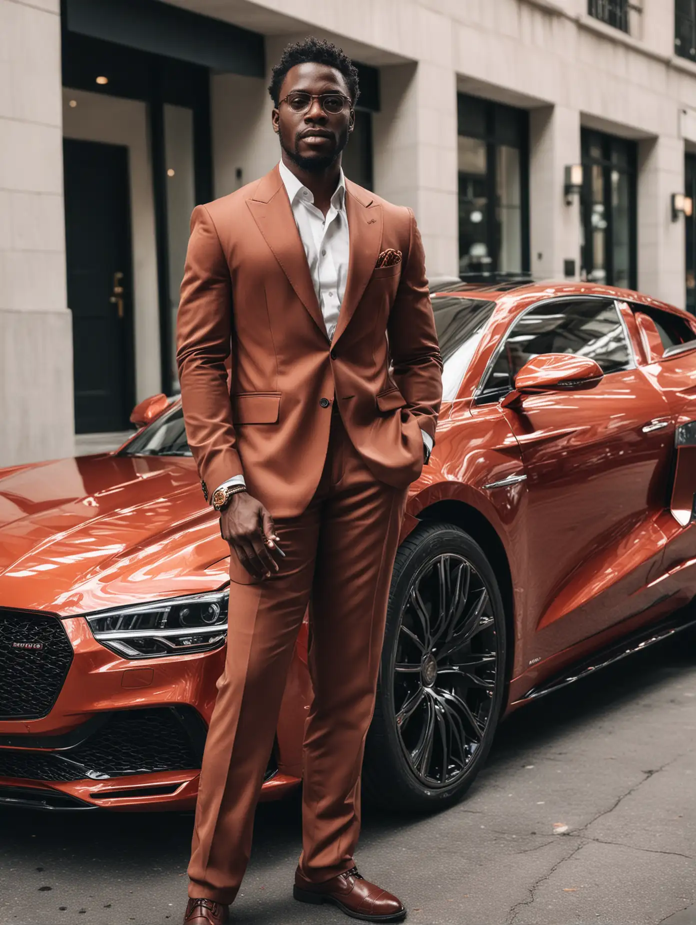 Affluent-African-American-Man-Posing-with-Luxurious-Bright-Car