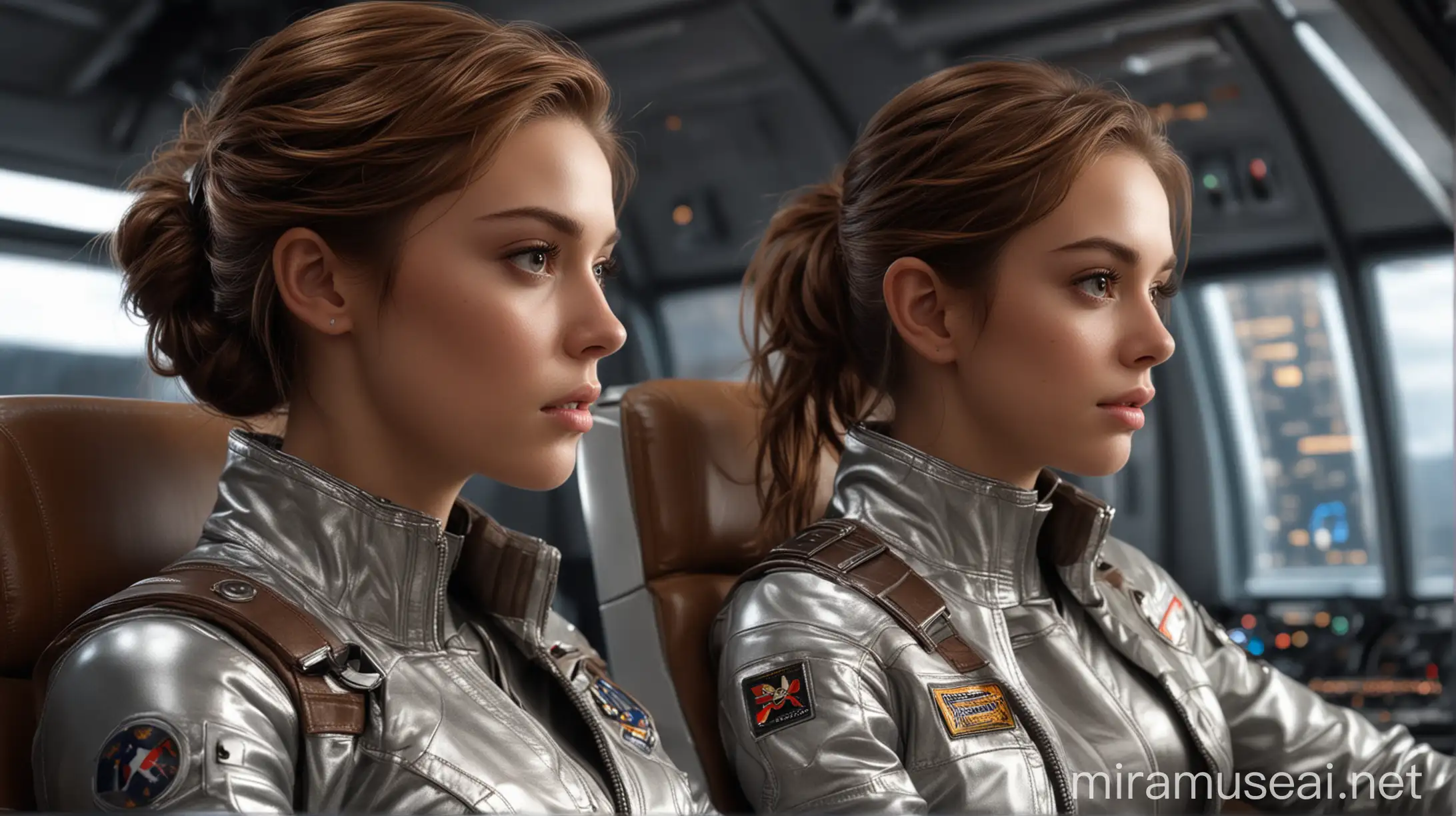 best quality, photorealistic, masterpiece, extremely detailed, an extremely delicate and beautiful, ((dynamic angle)), realistic anatomy, professional lighting, perfect shading, depth of field, two 19 year old young female, ((european perfect faces)), various hair, wearing silver metallic jackets and pants, sitting brown armchairs, dynamic poses, background is a command room of sci-fi starship, black sky in window