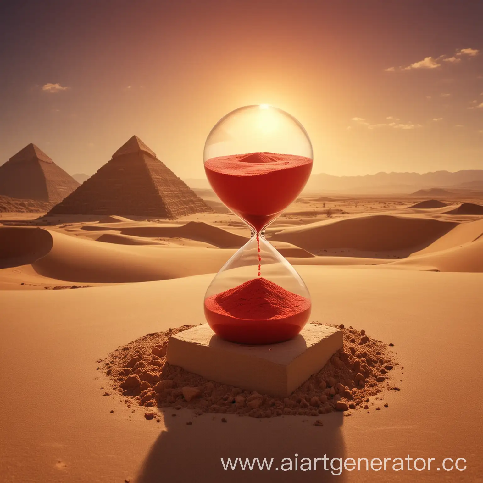 Пирамида, песочные часы от которых ветер, красное солнце и все это в пустыне.
