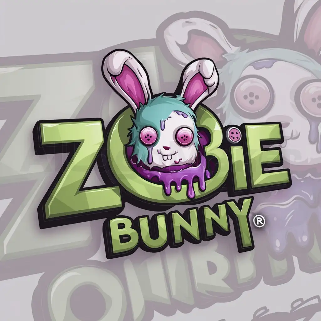 a logo design,with the text "zombiebunny", main symbol:Logo Type: Text logo with a cute zombie rabbit in Chibi style.nRabbit Features:nThe rabbit has button eyes.nThe rabbit has pink and white ears.nThe button eyes are black.nThe rabbit's mouth is dripping purple slime.nSpecial Placement: The rabbit should be positioned on the letter 'O' of the brand name 'zombiebunny.'nOverall Style: The logo should combine elements of cuteness (Kawaii) with a zombie theme.,Moderate,clear background