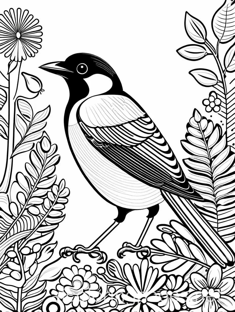Magpie: Black and white, collecting shiny objects.
, Coloring Page, black and white, line art, white background, Simplicity, Ample White Space. The background of the coloring page is plain white to make it easy for young children to color within the lines. The outlines of all the subjects are easy to distinguish, making it simple for kids to color without too much difficulty