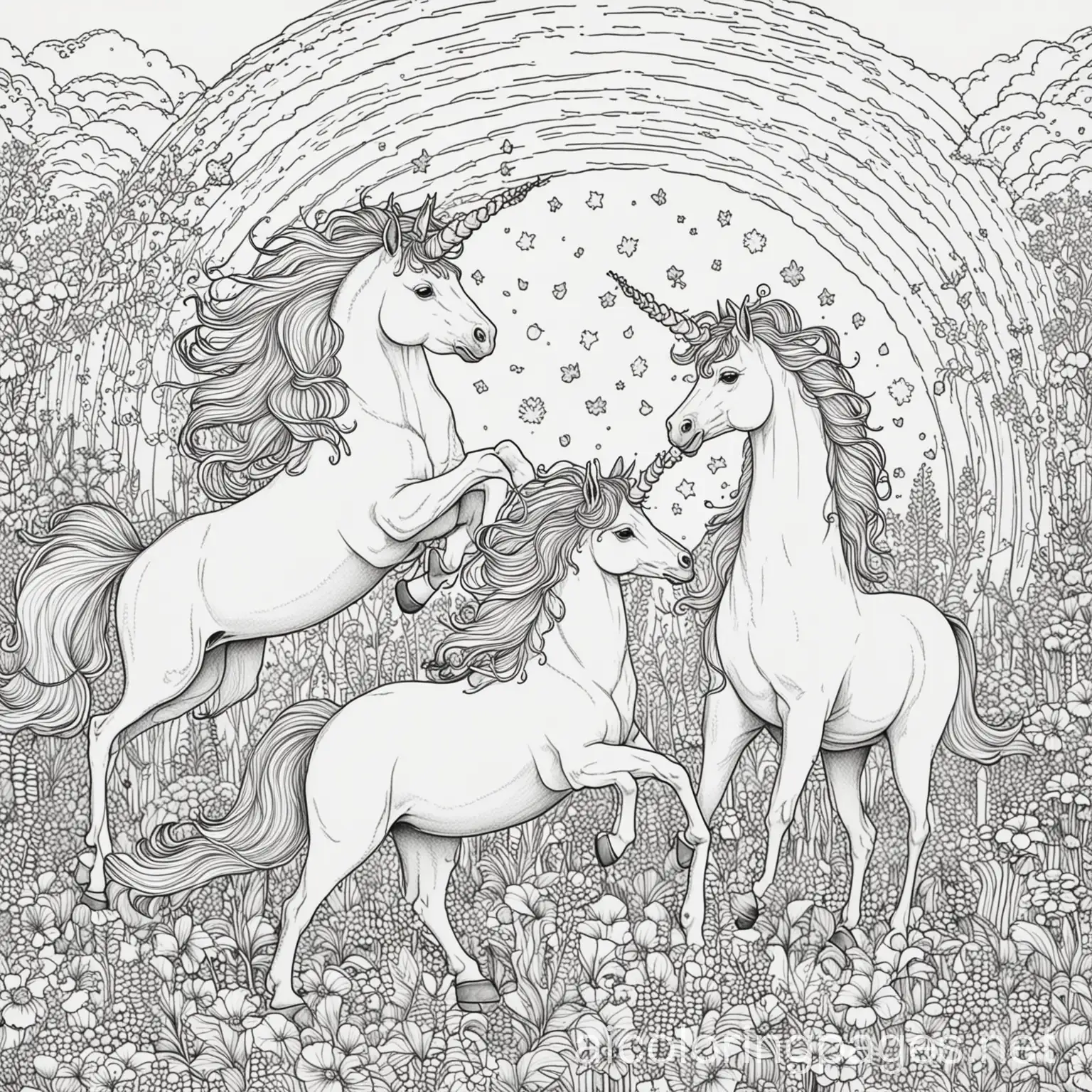 Unicorns and rainbows , Coloring Page, black and white, line art, white background, Simplicity, Ample White Space