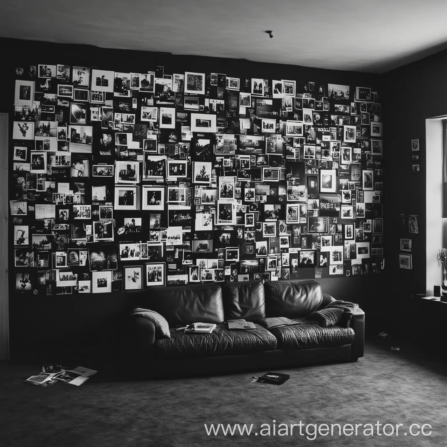 черная комната, звуковая дорожка на стене, разбросанные фотографии, слушаю альтернативный рок