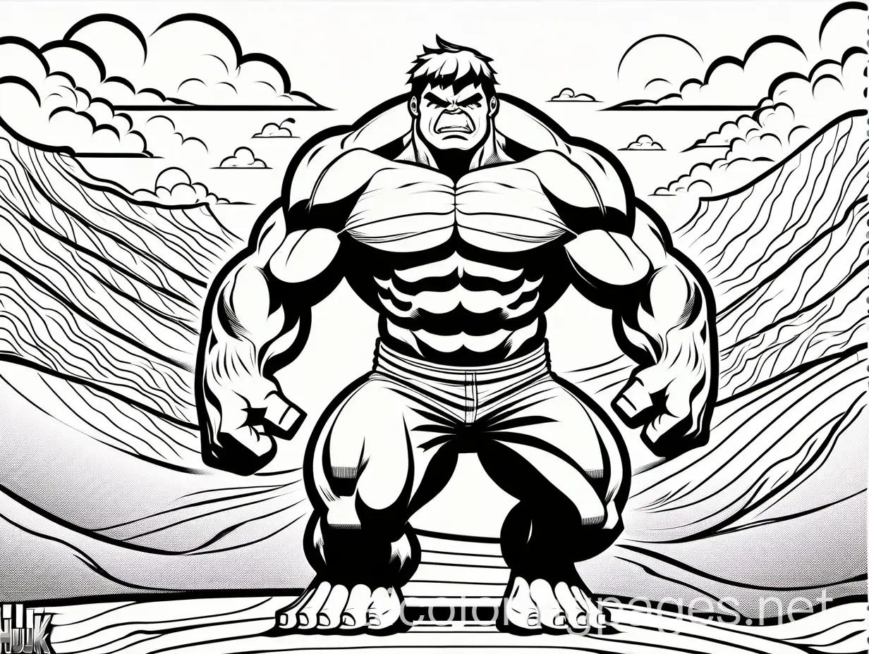 Hulk, Coloring Page, black and white, line art, white background, Simplicity, Ample White Space. The background of the coloring page is plain white to make it easy for young children to color within the lines. The outlines of all the subjects are easy to distinguish, making it simple for kids to color without too much difficulty