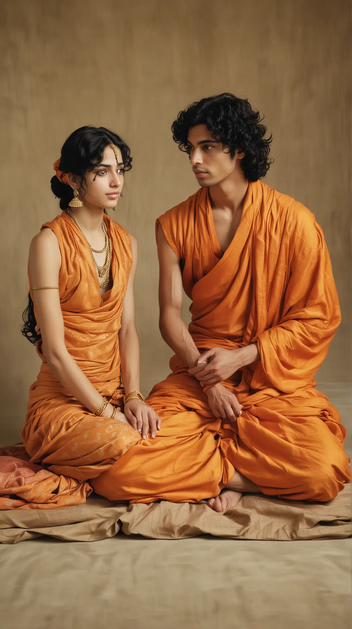 young man with with long black curly hair no beard, dressed in orange kasaya, sits down in half lotus position. Talks serious with a young woman in beige pashmina that sits beside him. India year 1200