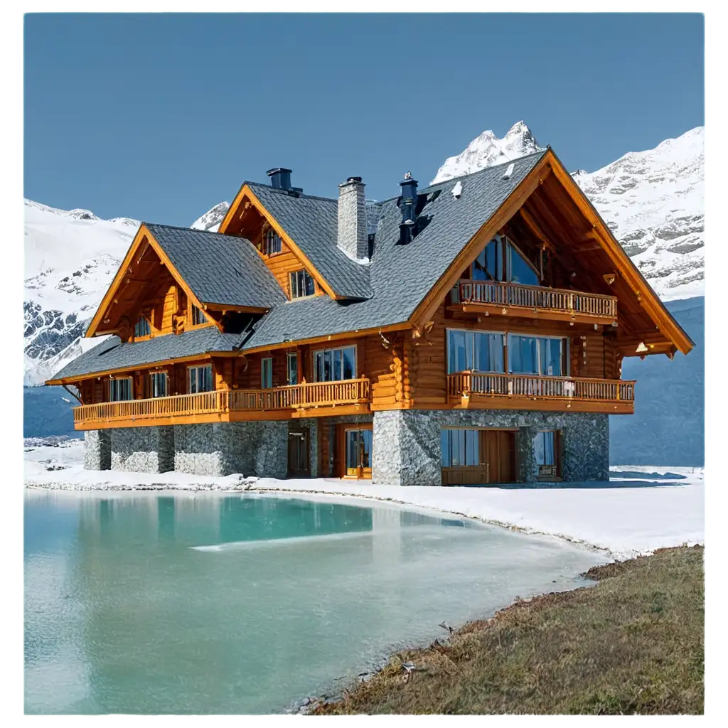 Big wooden house near ice mountain with beautiful around it 