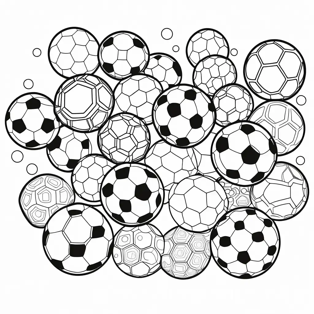 Soccer balls, Coloring Page, black and white, line art, white background, Simplicity, Ample White Space. The background of the coloring page is plain white to make it easy for young children to color within the lines. The outlines of all the subjects are easy to distinguish, making it simple for kids to color without too much difficulty