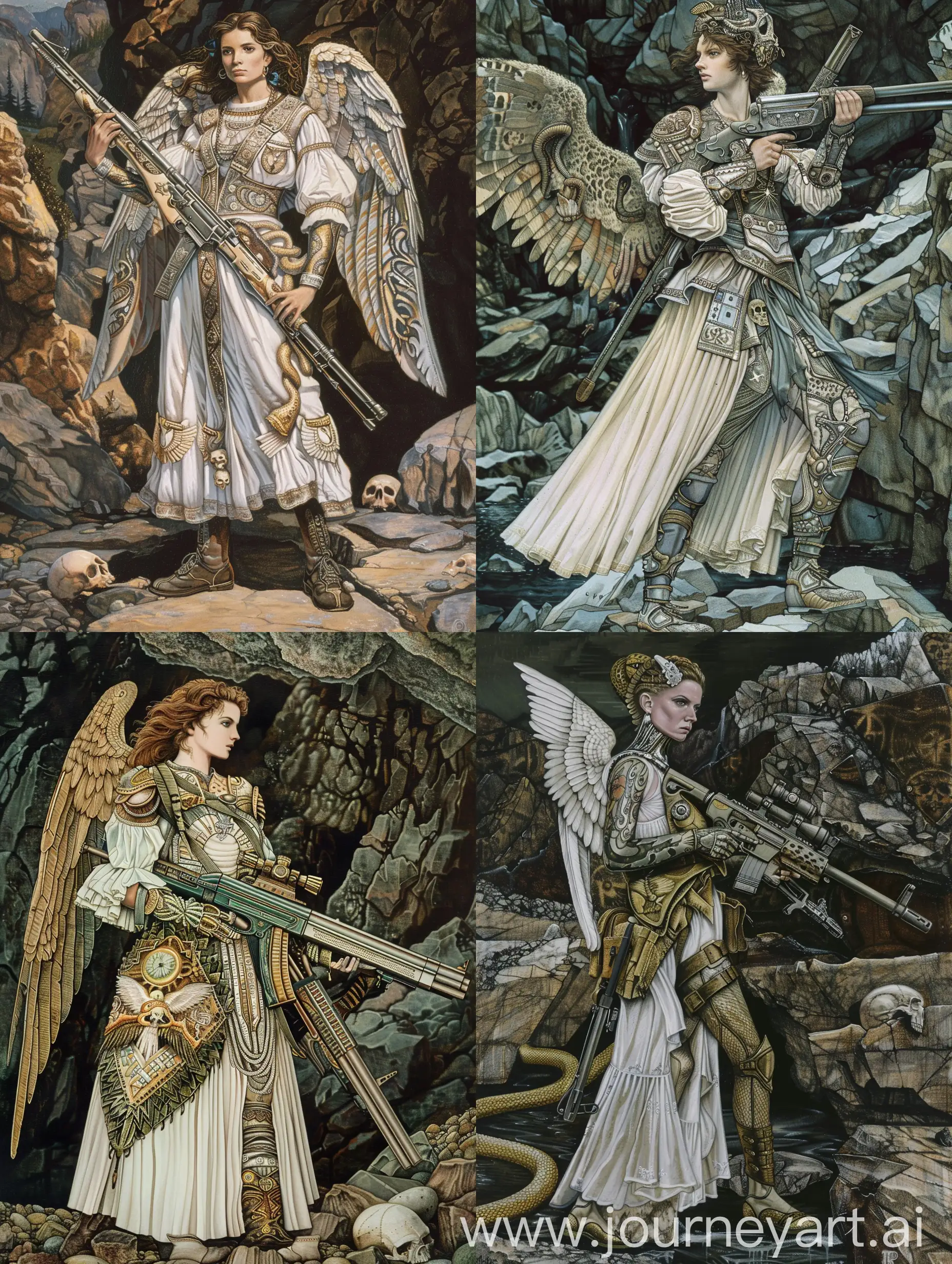 Edward Burne-Jones painting of a 2 tattooed futuristic female angels warrior wearing a sci-fi clothes ornates with snakes, skulls and white silk robes, holding a realistic kalashnikov, standing on rocks,Victorian-era with futuristic cyberpunk elements, merging the charm of the past with the innovation of the future, high detailed, full body --c 22 --s 750 --v 6.0 --ar 5:7
