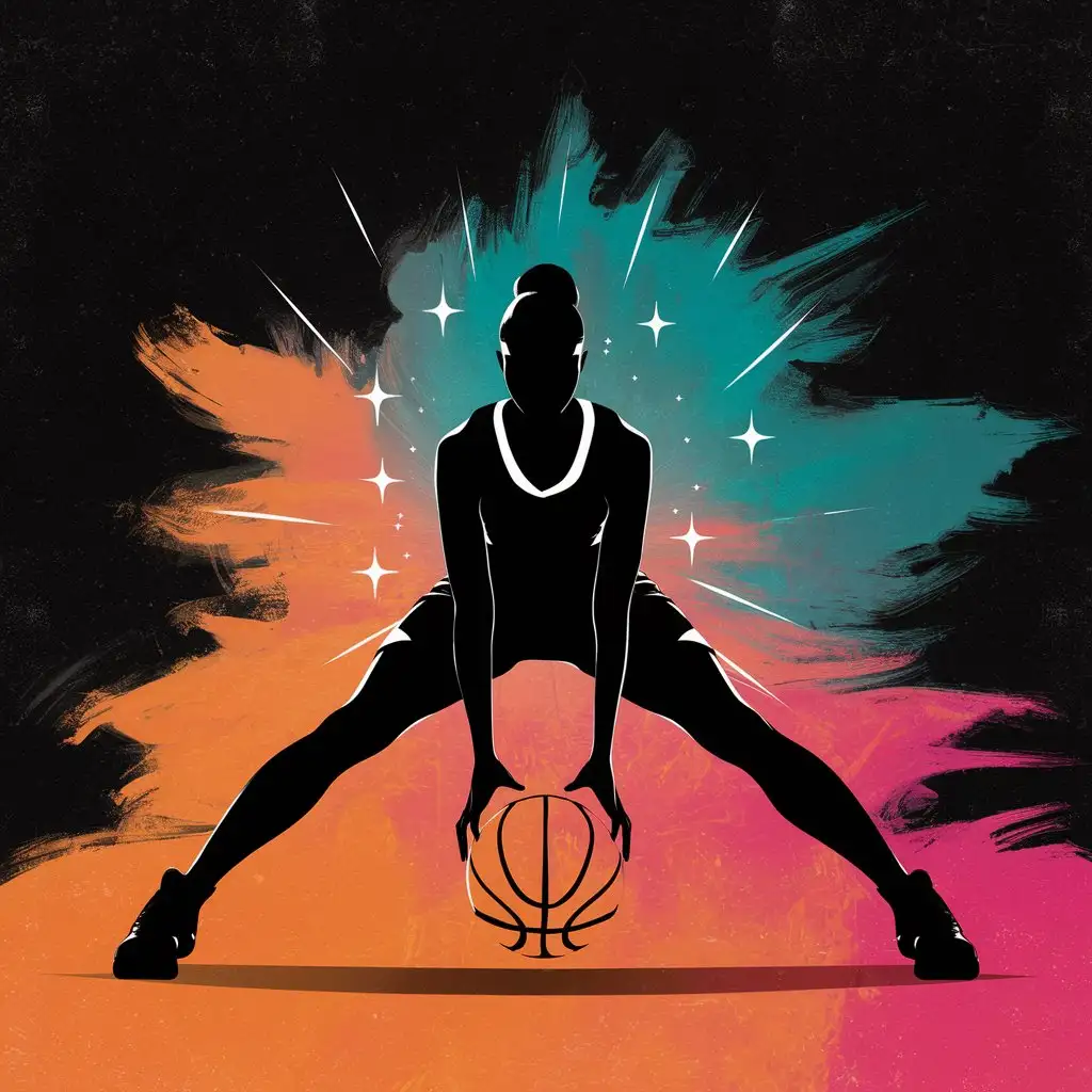 Dynamic Female Basketball Players Silhouette Against Vibrant Abstract Background