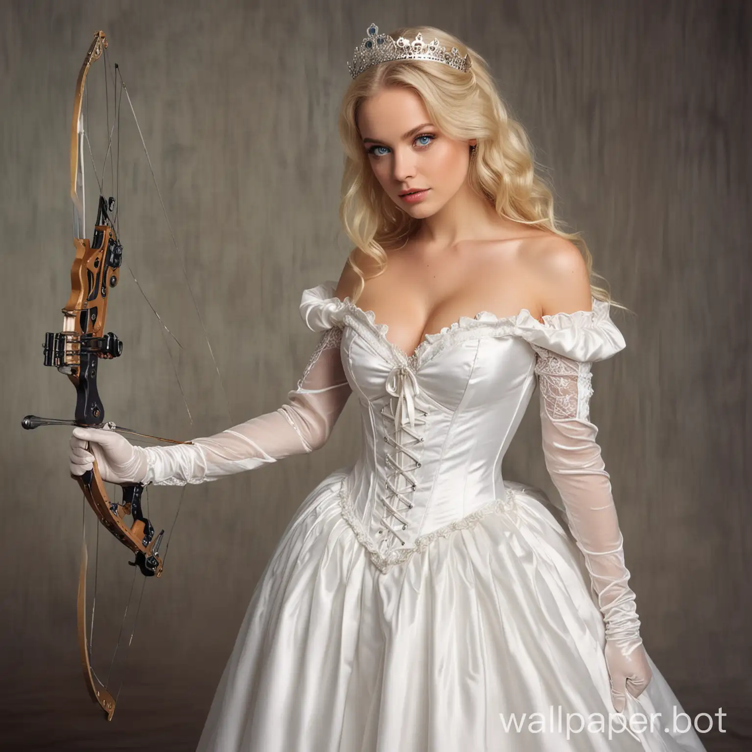 Crowned beautiful young blue-eyed blonde Queen with big breasts, in crown, in white silk off-shoulder sleeveless dress with deep cleavage, lace and bows, white silk push up corset, long puffy white silk skirt, white opera length silk gloves. Queen takes aim from a crossbow