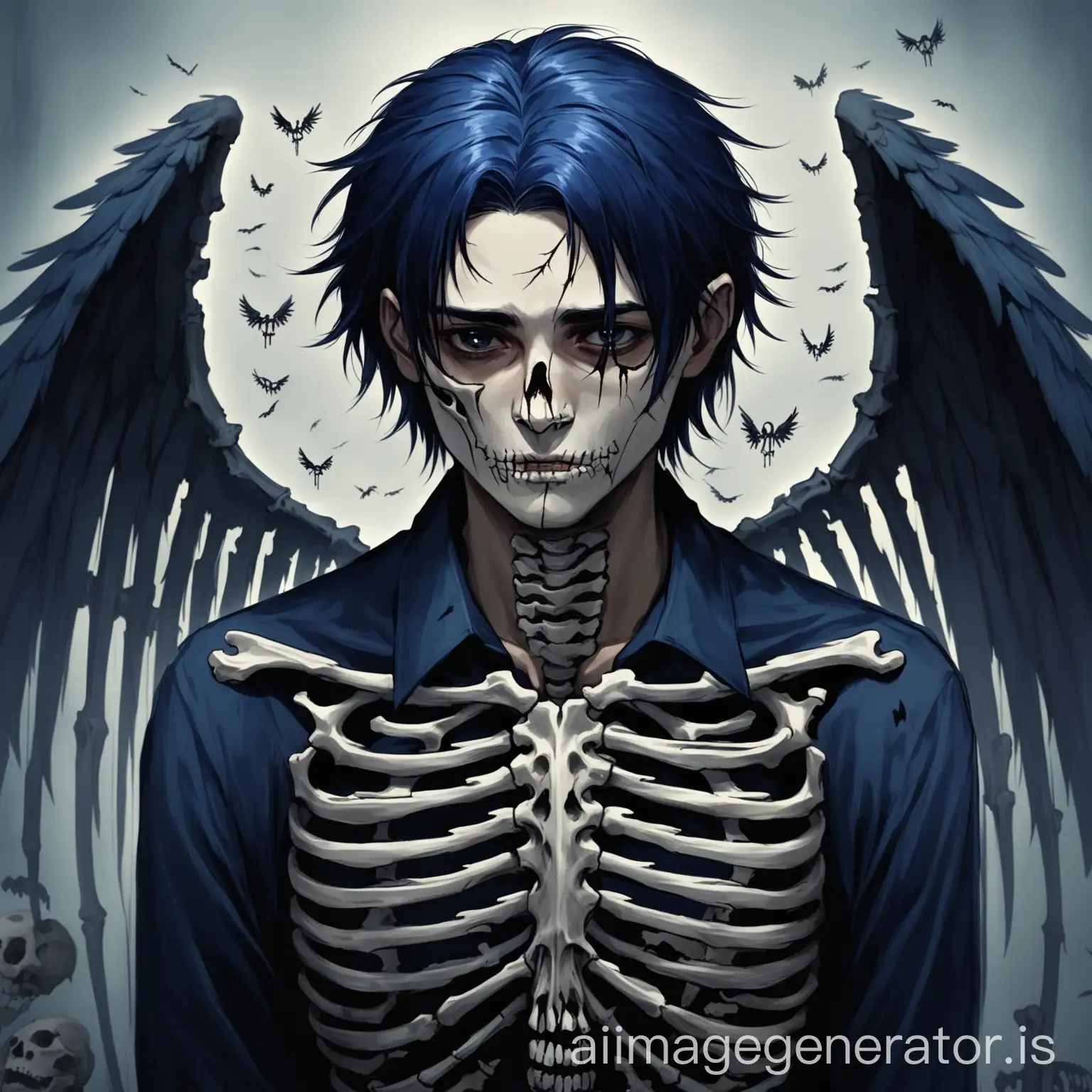 Guy with dark blue hair, with bones as wings, scar on his face.