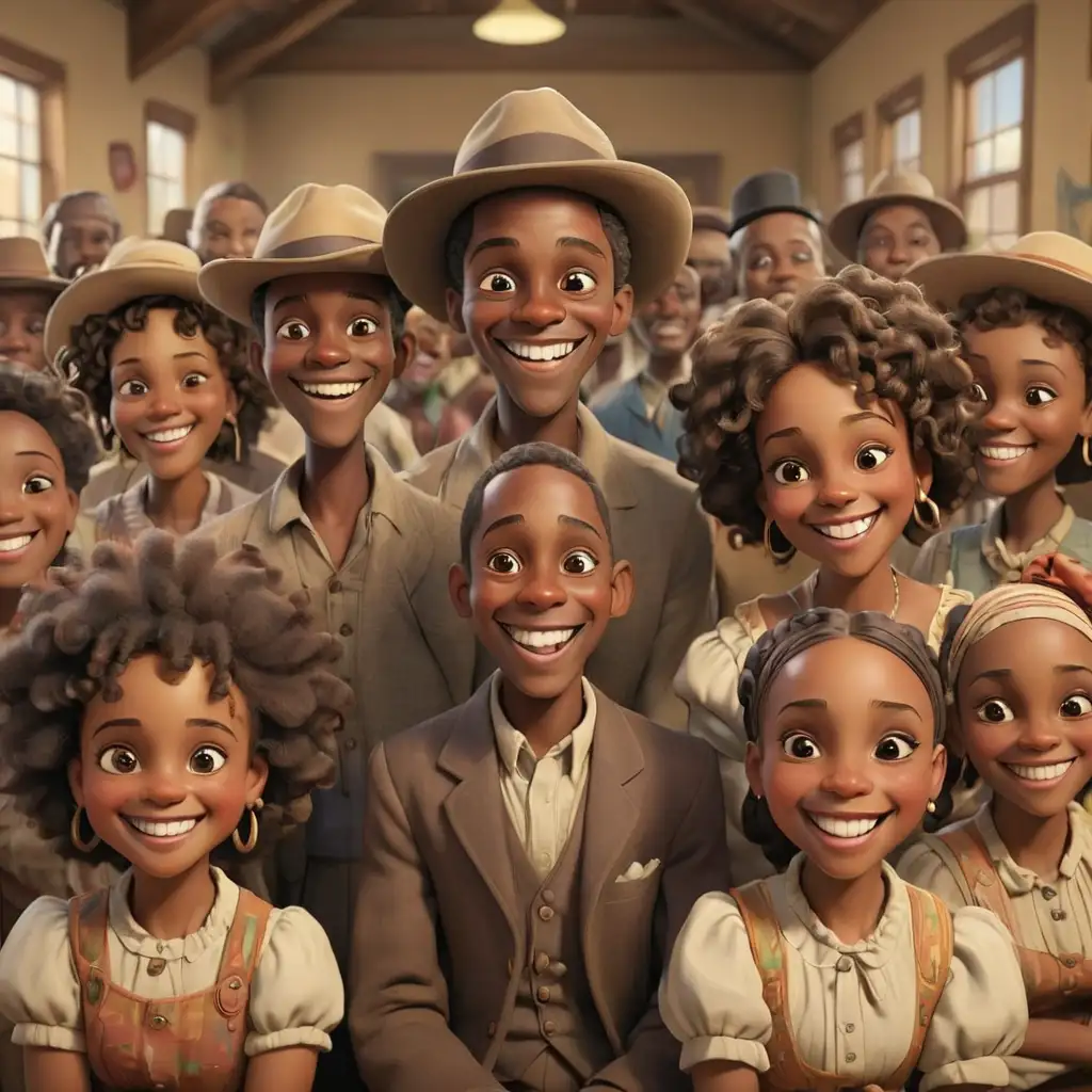 1900s defined 3 D cartoon style colorful african americans at the community center smiling in New Mexico 