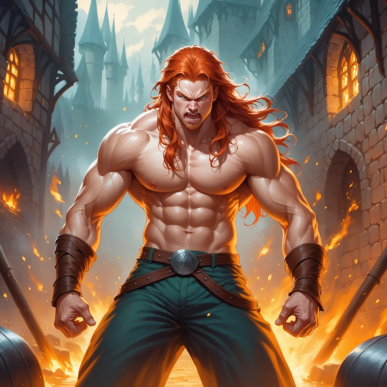 Fierce Muscular Man with Long Ginger Hair in Medieval Fantasy Art