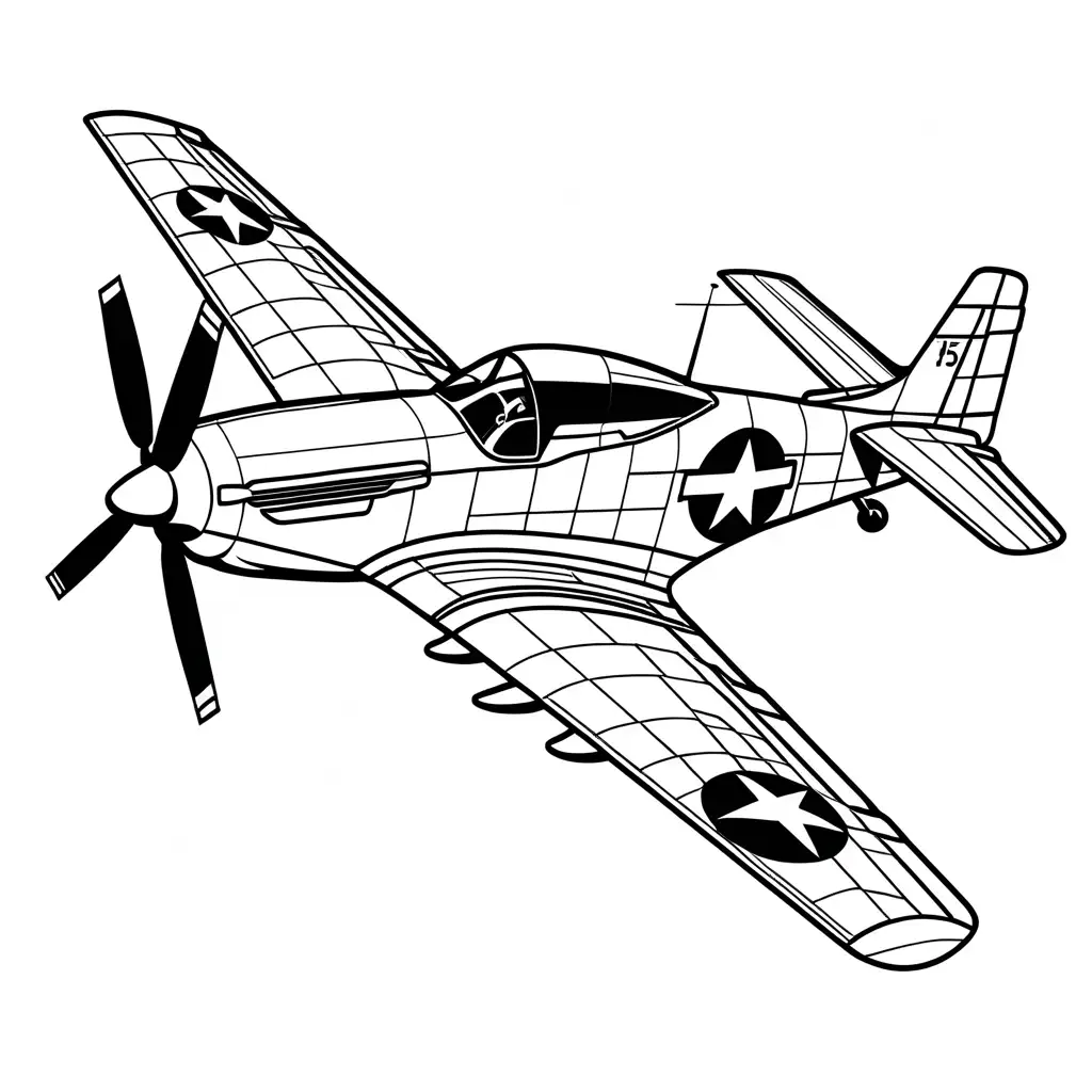 p51 mustang, Coloring Page, black and white, line art, white background, Simplicity, Ample White Space