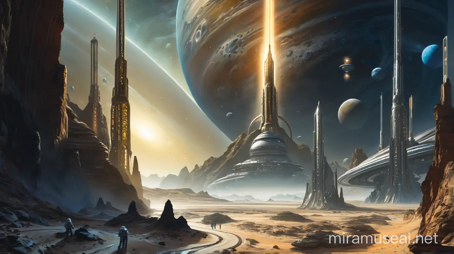 Highly detailed painting, ((wide view from above)), astronauts exploring an alien planet, in the background light shines from a complex tower, in the foreground is sand and rocks, use muted colors only, high quality