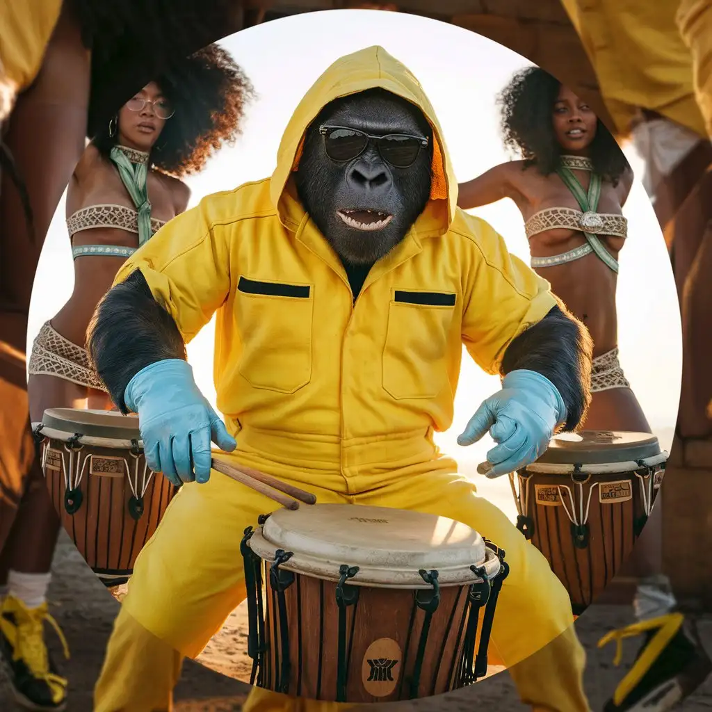 Gorilla dressed in a yellow jumpsuit like the one from the series Breaking Bad. He wears dark sunglasses with black frames. The hood covers his head and he wears light blue latex gloves.  He is dancing  cumbia with two sexy black women dressed in Brazilian Carioca clothes. Gorilla is with a bongo. . Photographic realistic, sun on his face. Low angle POV camera