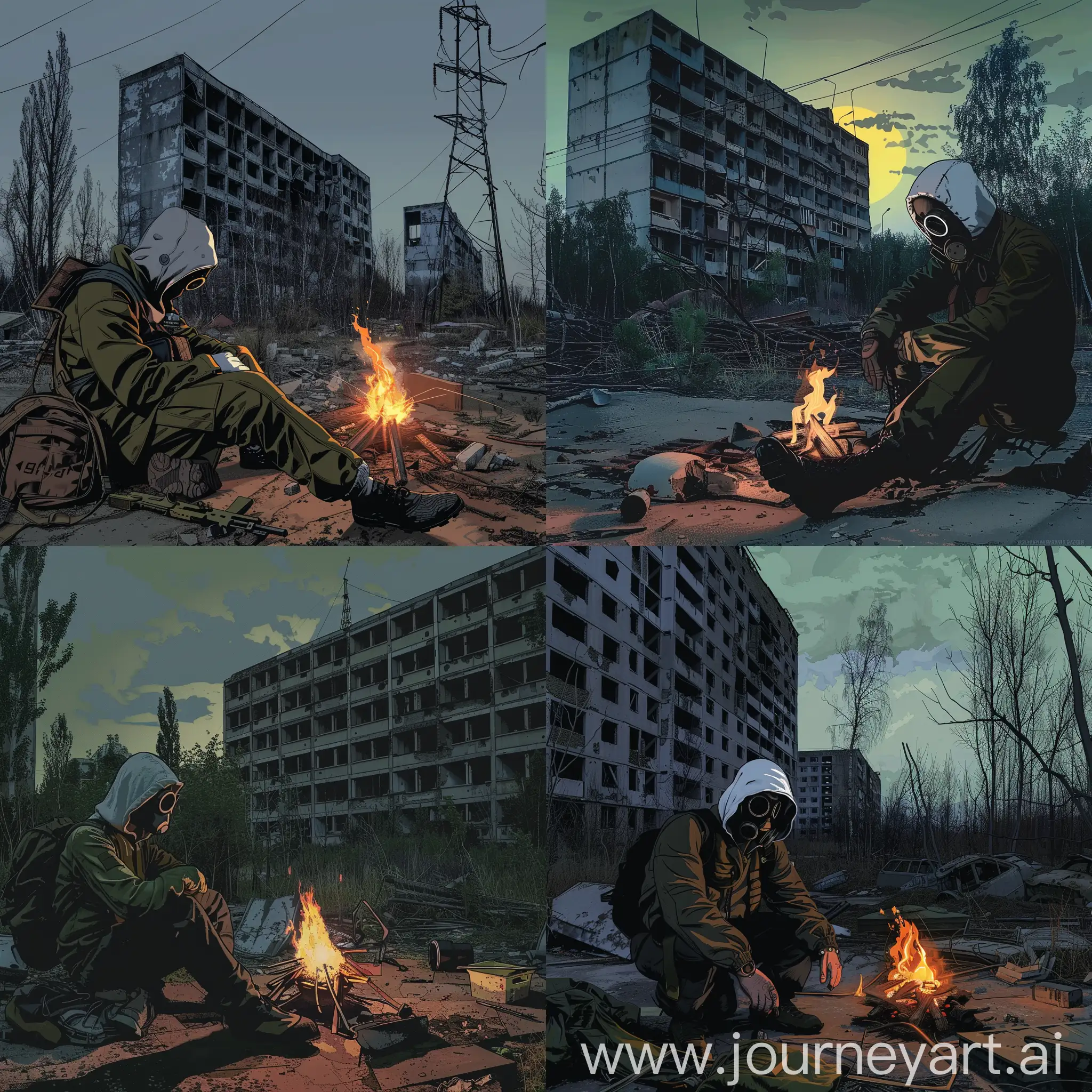 Stalker sitting by the campfire in abandoned Pripyat, comics style art.