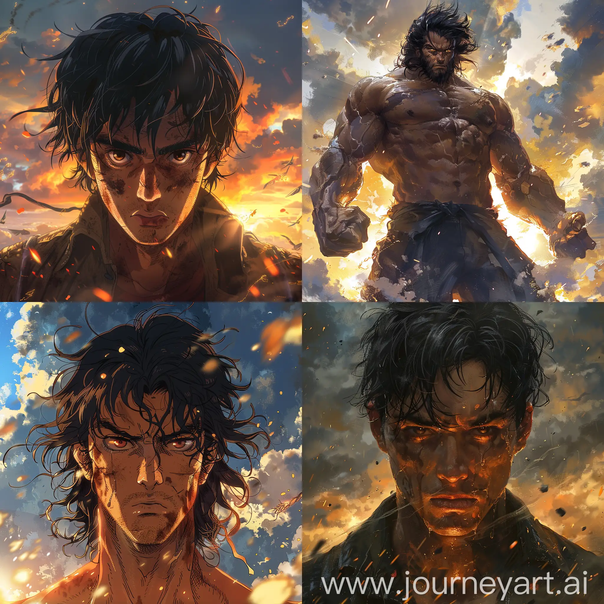 Anime::1.3 a giant male, standing in front of a sky background with black and yellow hues, the man has dark hair and looks powerful and angry, he has large muscles and bright orange eyes --s 500