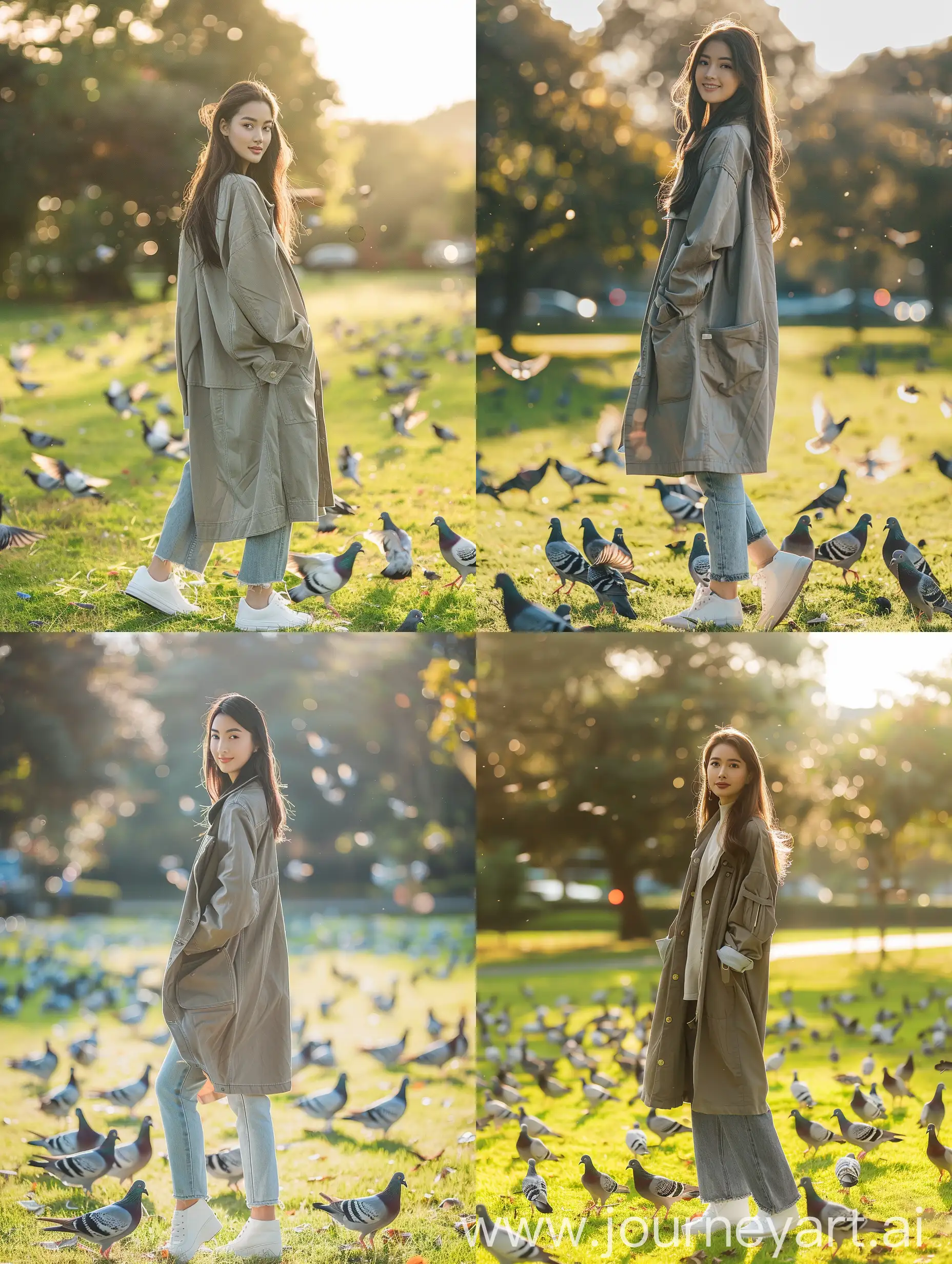 Stylish-Thai-Woman-in-Grassy-Field-Surrounded-by-Pigeons