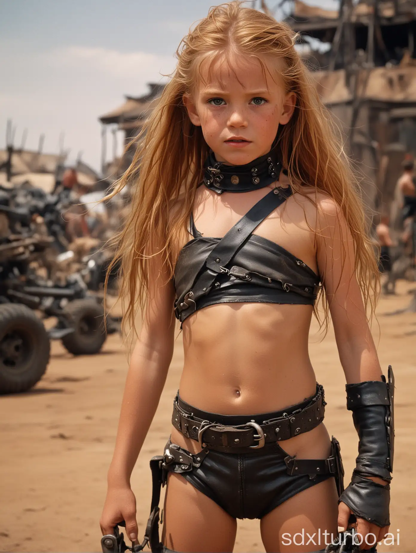 8 year old girl, leather bikini, choker, long ginger hair, exteremely muscular abs, in Mad Max Beyond Thunderdome