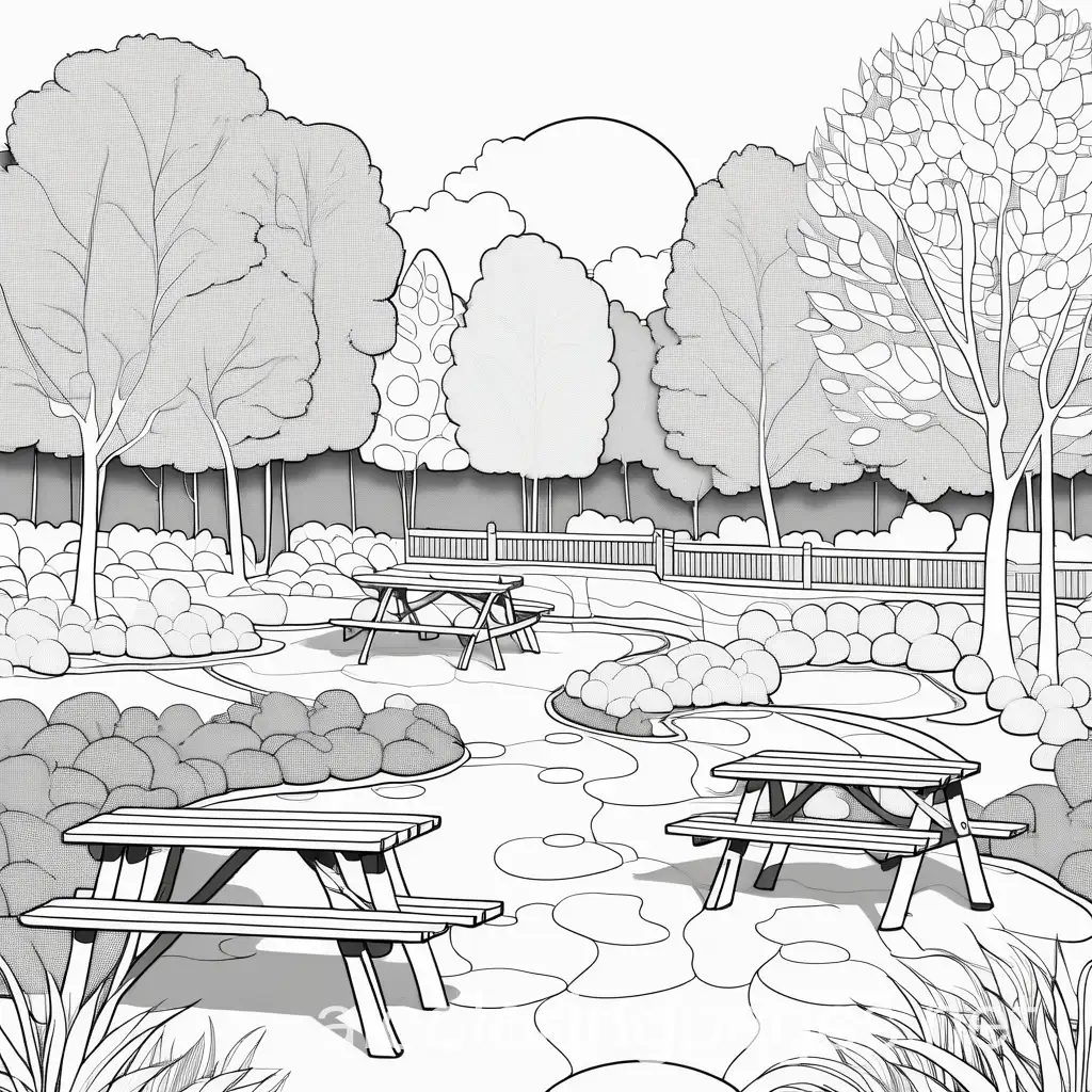a collage of an park picnic scenery
, Coloring Page, black and white, line art, white background, Simplicity, Ample White Space. The background of the coloring page is plain white to make it easy for young children to color within the lines. The outlines of all the subjects are easy to distinguish, making it simple for kids to color without too much difficulty