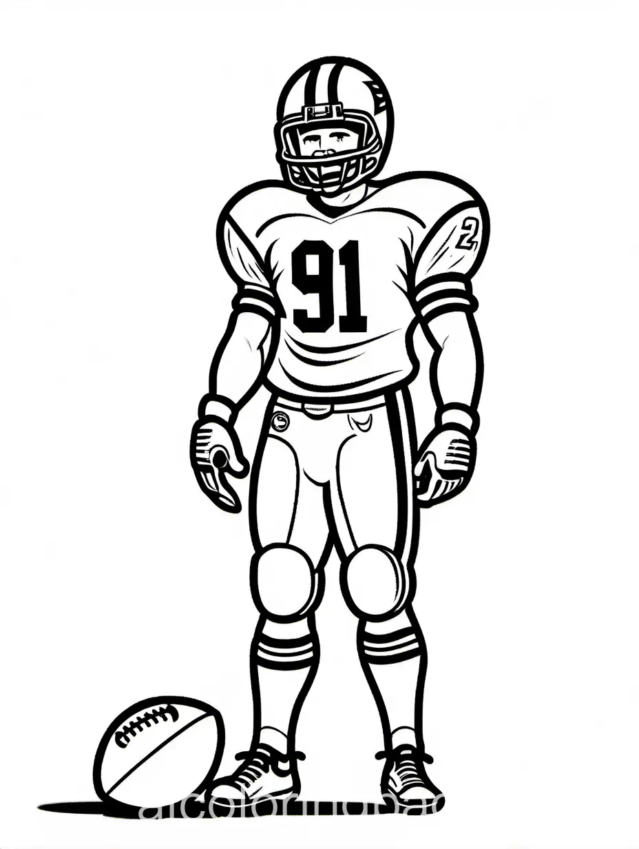 football player, Coloring Page, black and white, line art, white background, Simplicity, Ample White Space. The background of the coloring page is plain white to make it easy for young children to color within the lines. The outlines of all the subjects are easy to distinguish, making it simple for kids to color without too much difficulty