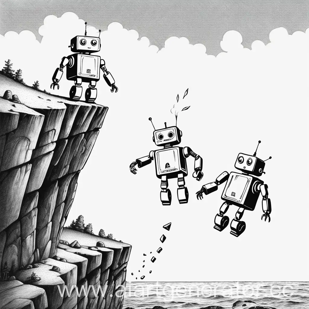 черно-белая картинку как два маленьких робота падают с обрыва
