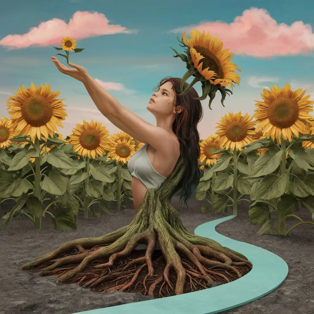 Surreal Woman as Tree Holding Flower in Sunflower Field