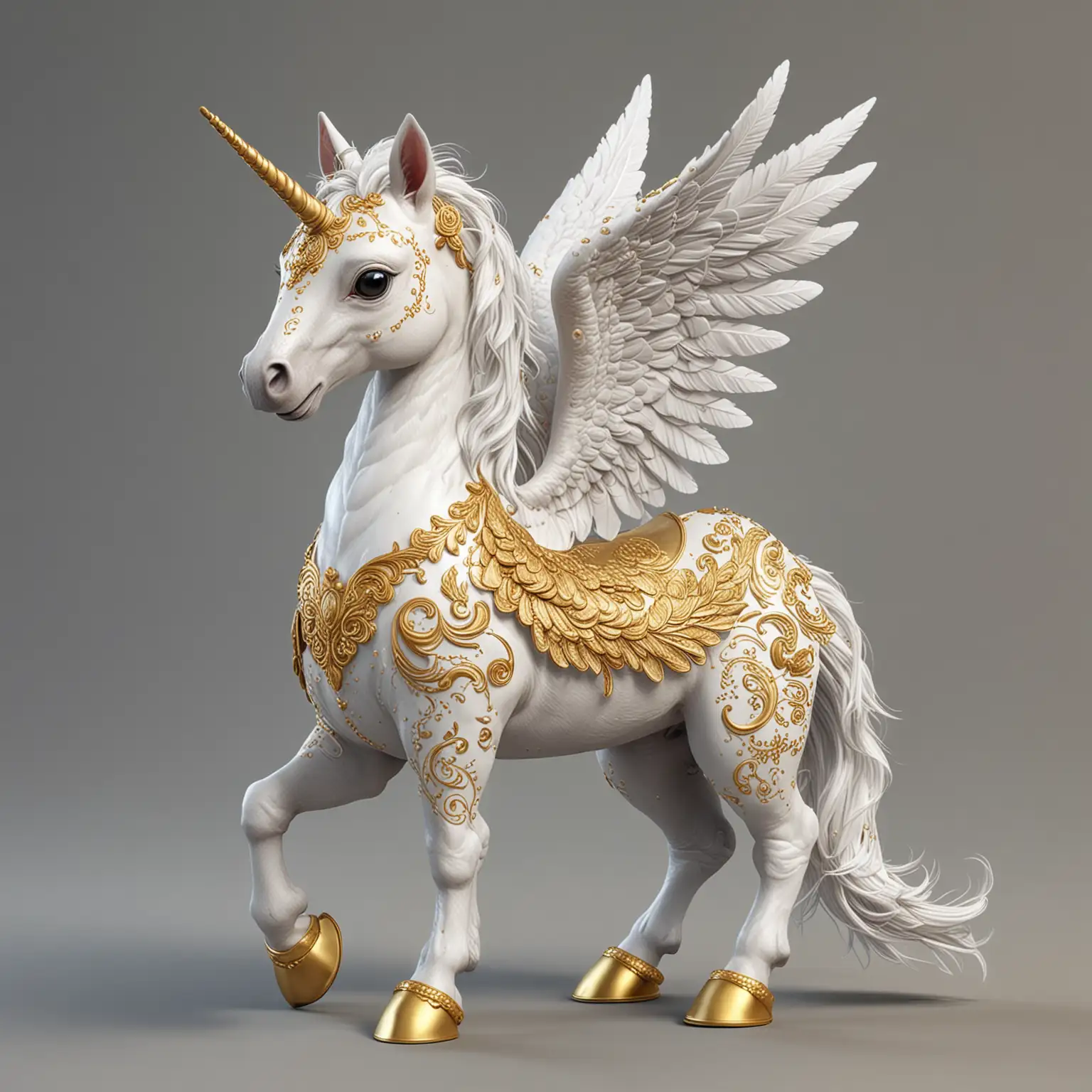 Realistic Cute Pegasus with Gold Patterns in Full Growth