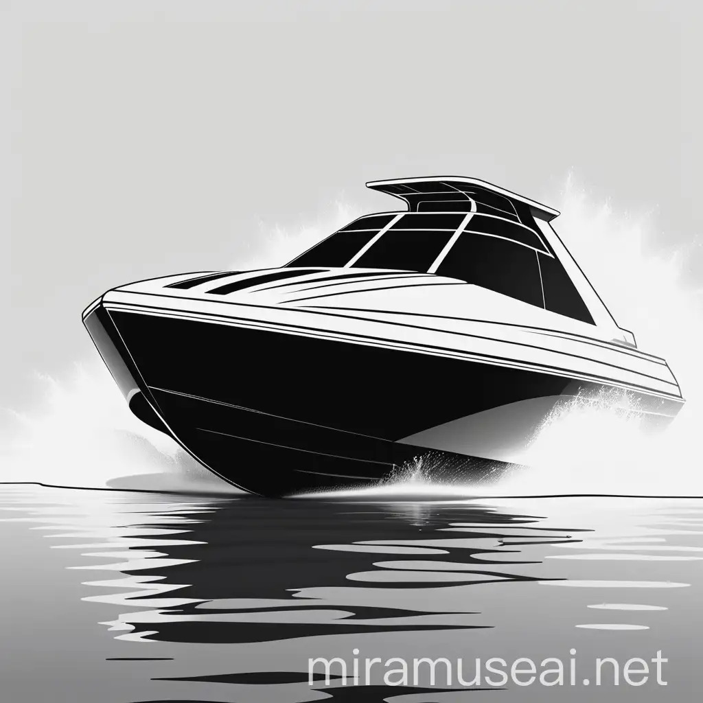 black and white line art jet boat in water minimalist